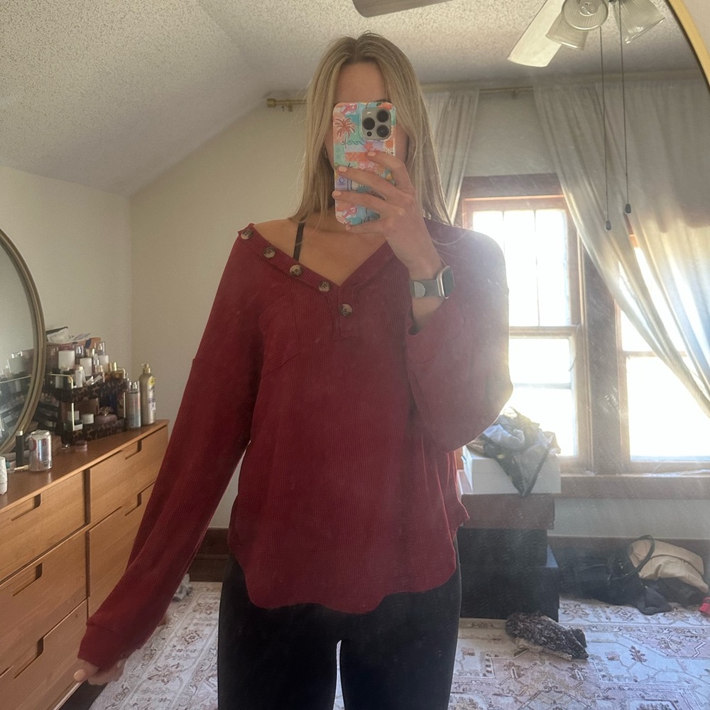 Red Waffle Knit Buttoned Longsleeve